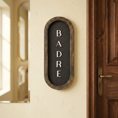 BADRE textured vertical capsule LED nameplate — Supplied installed scene, LED off