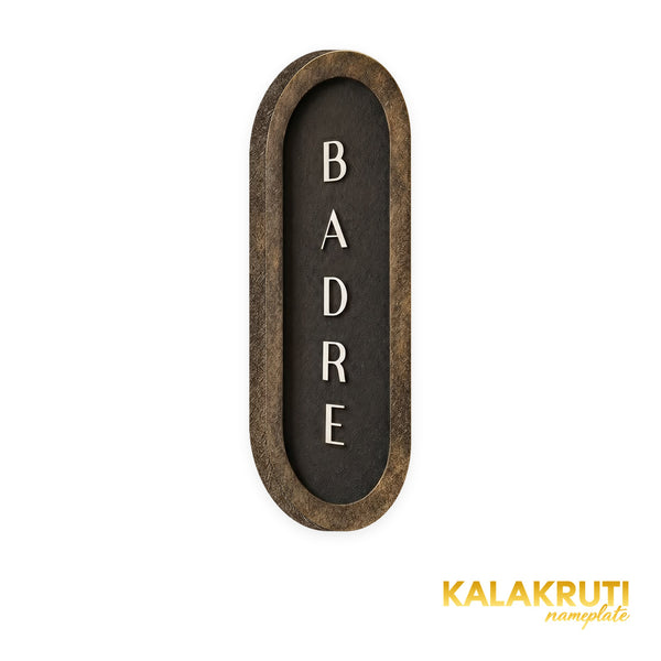 BADRE textured vertical capsule LED nameplate — Left angle LED off, confirmed solid frame