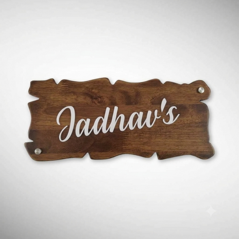 Matt Brown Finish Live Edge Shaped Wooden Nameplate | Jadhav's