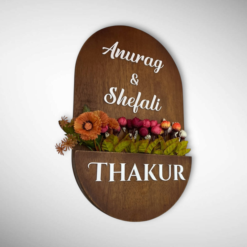 Rubber Wood Brown Polish Capsule Shape Planter Nameplate | Anurag & Shefali