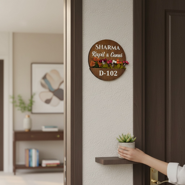 Round Shape Rubber Wood Brown Polish Planter Nameplate | Sharma