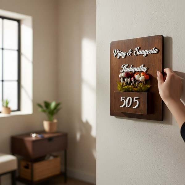 Rubber Wood Brown Polish Planter Nameplate | Thalapathy