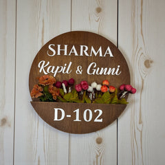 Round Shape Rubber Wood Brown Polish Planter Nameplate | Sharma