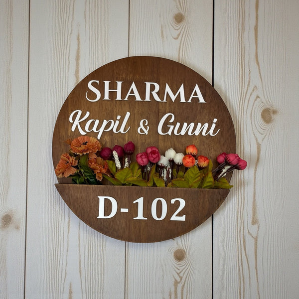 Round Shape Rubber Wood Brown Polish Planter Nameplate | Sharma