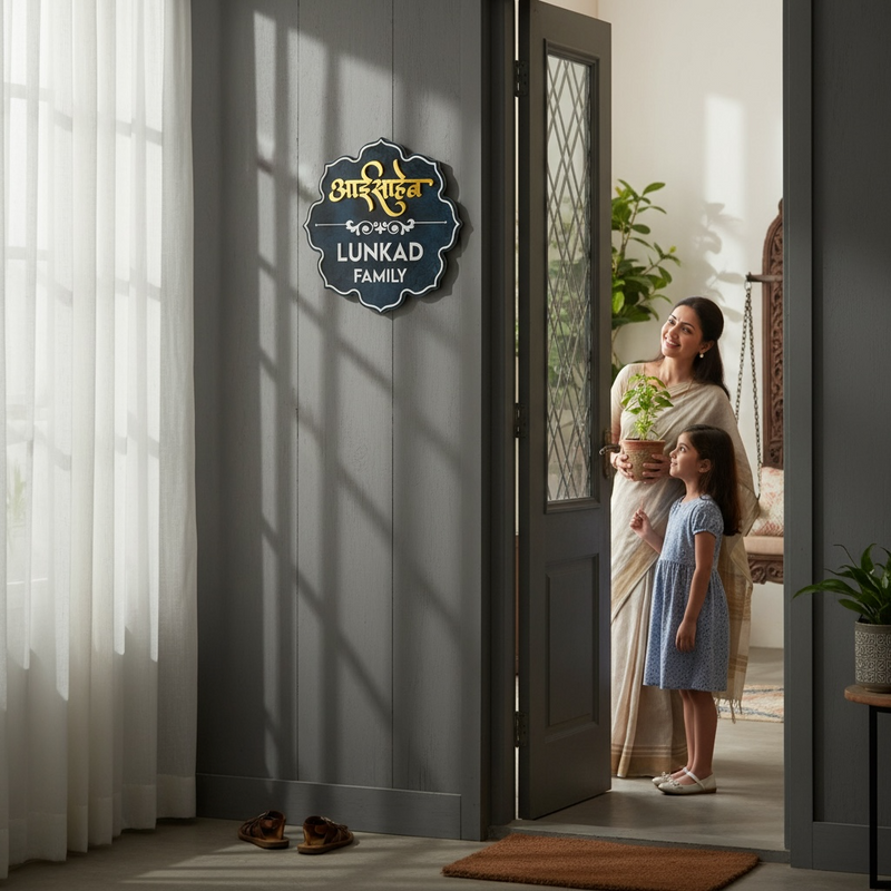 Lunkad Family nameplates blend traditional aesthetics with premium craftsmanship.