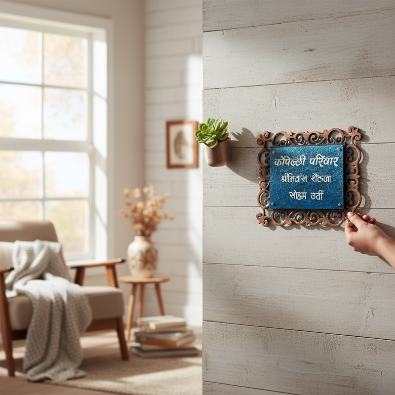 Wooden Base Stone Textured Handcraft Nameplate | Kompelli Pariwar