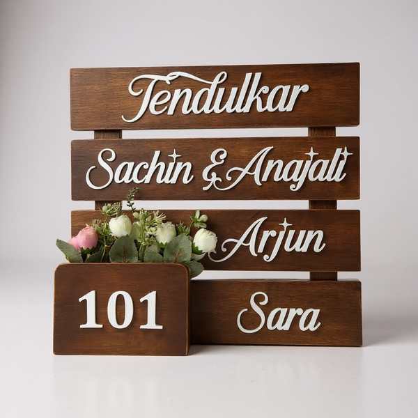 Multi pieces Square Wooden Nameplate with Floral Planter