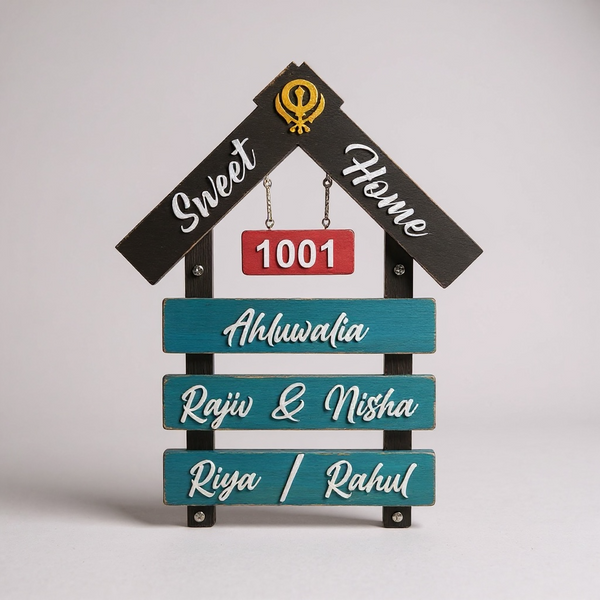 Home Shape Wooden Nameplate with Hanging House Number