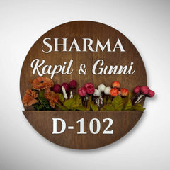 Round Shape Rubber Wood Brown Polish Planter Nameplate | Sharma