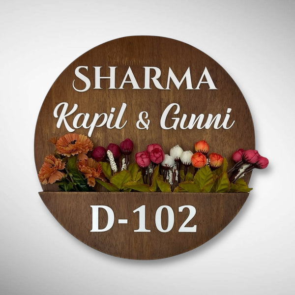 Round Shape Rubber Wood Brown Polish Planter Nameplate | Sharma