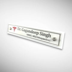 A clean, professional Desk nameplate White Base Acrylic | Dr. Gagandeep Singh