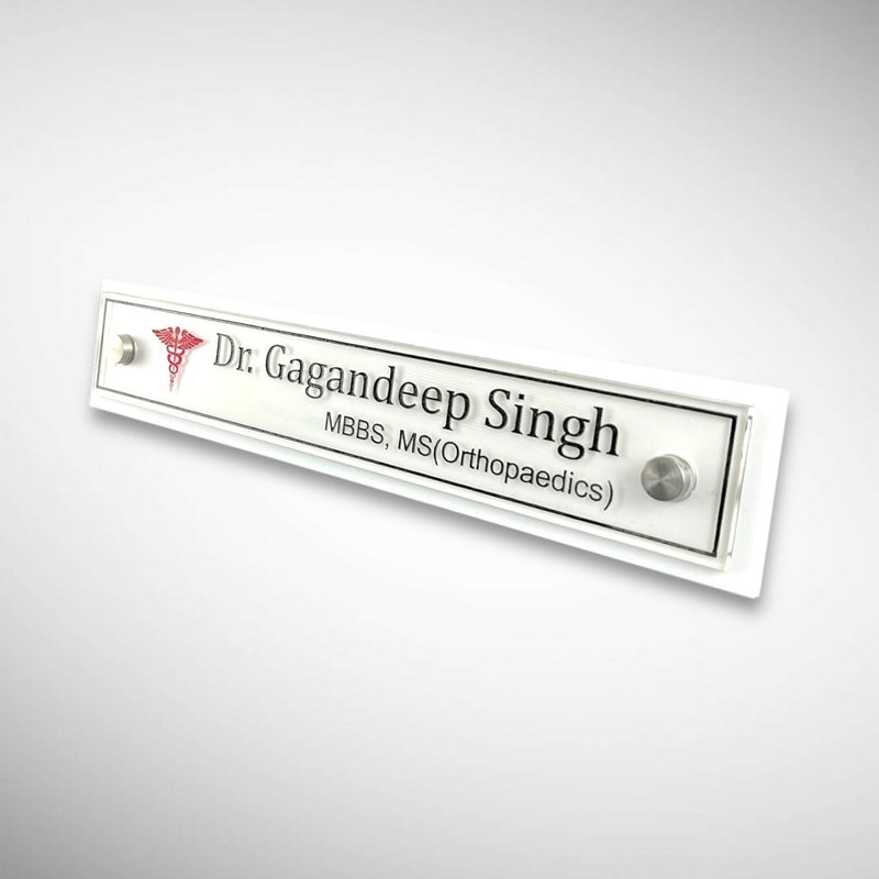 A clean, professional Desk nameplate White Base Acrylic | Dr. Gagandeep Singh