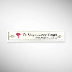 A clean, professional Desk nameplate White Base Acrylic | Dr. Gagandeep Singh