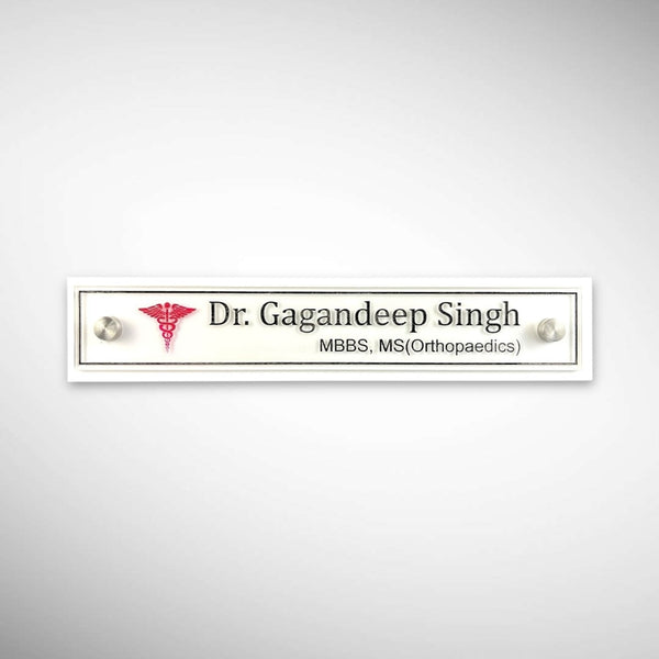 A clean, professional Desk nameplate White Base Acrylic | Dr. Gagandeep Singh