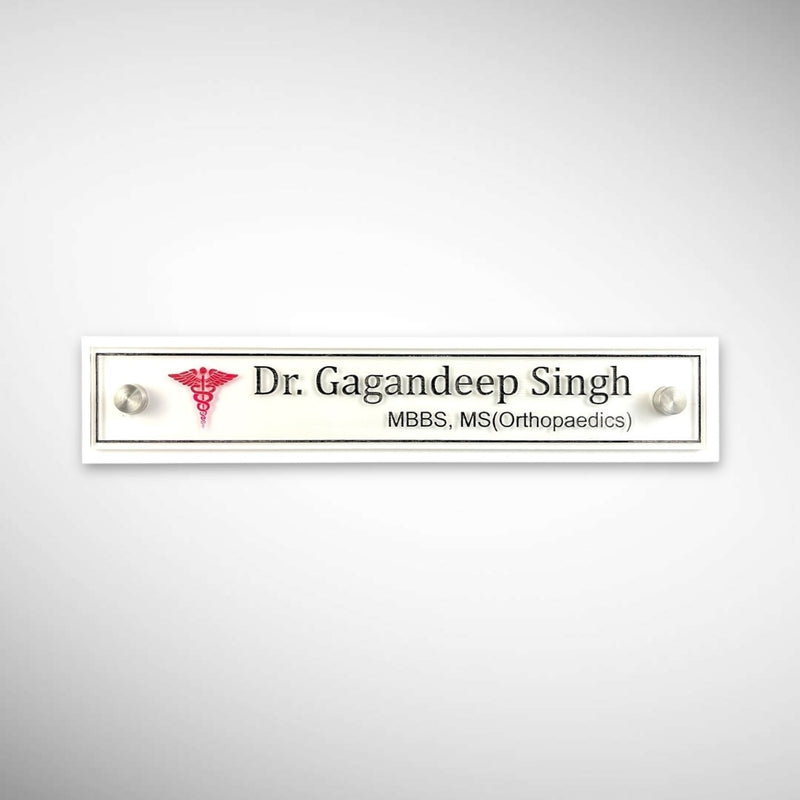 A clean, professional Desk nameplate White Base Acrylic | Dr. Gagandeep Singh