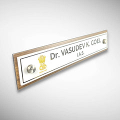 A clean, professional Desk nameplate Wooden ACP Base |  Dr. Vasudev Goel