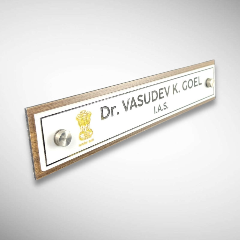 A clean, professional Desk nameplate Wooden ACP Base |  Dr. Vasudev Goel
