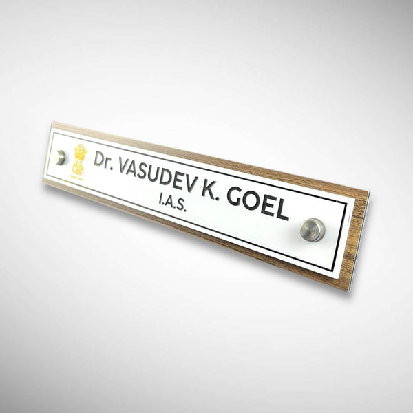 A clean, professional Desk nameplate Wooden ACP Base |  Dr. Vasudev Goel