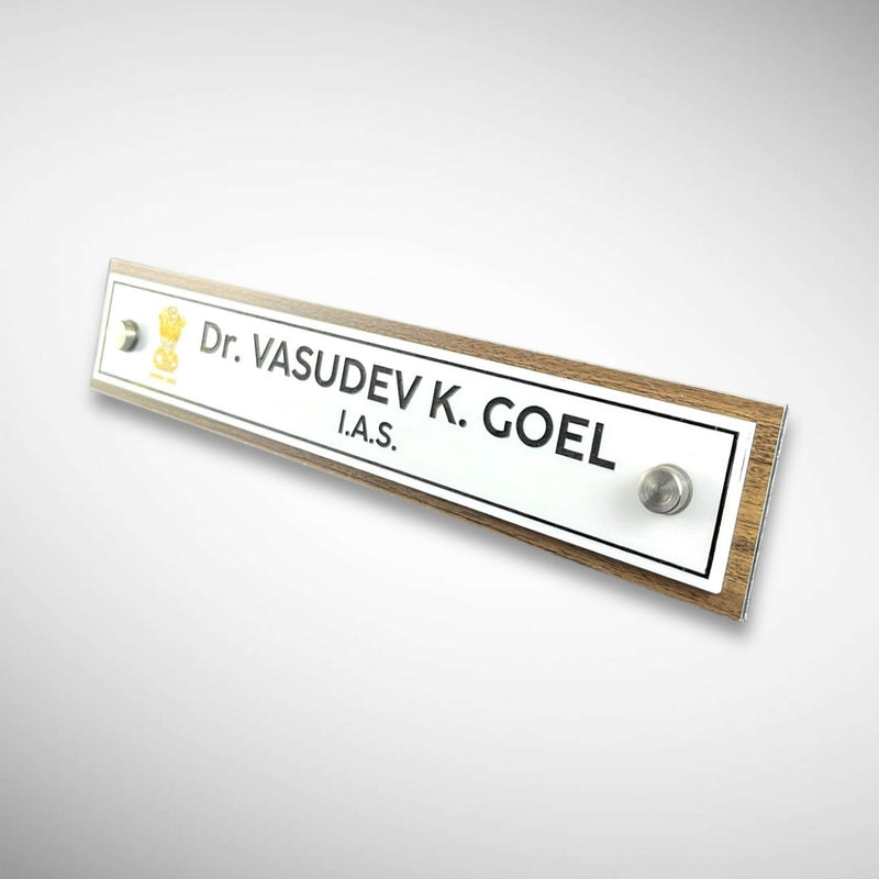 A clean, professional Desk nameplate Wooden ACP Base |  Dr. Vasudev Goel