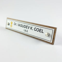 A clean, professional Desk nameplate Wooden ACP Base |  Dr. Vasudev Goel