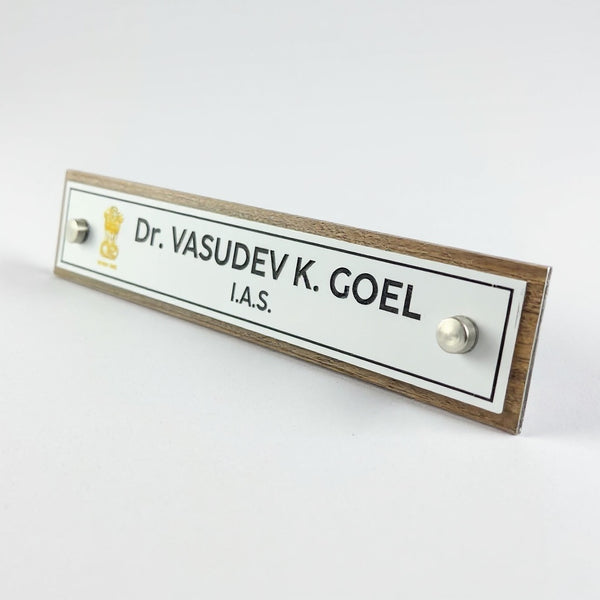A clean, professional Desk nameplate Wooden ACP Base |  Dr. Vasudev Goel