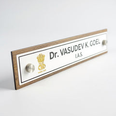 A clean, professional Desk nameplate Wooden ACP Base |  Dr. Vasudev Goel