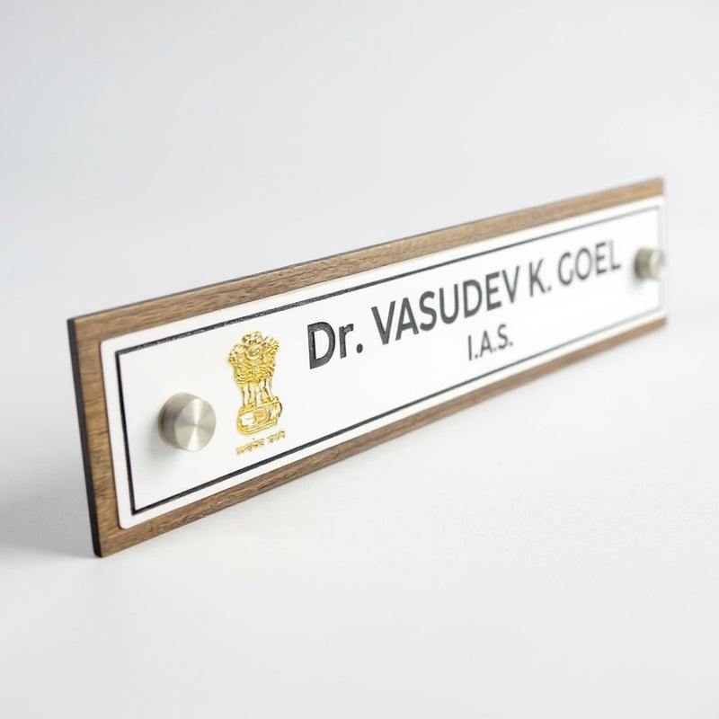 A clean, professional Desk nameplate Wooden ACP Base |  Dr. Vasudev Goel