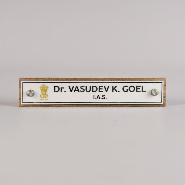 A clean, professional Desk nameplate Wooden ACP Base |  Dr. Vasudev Goel