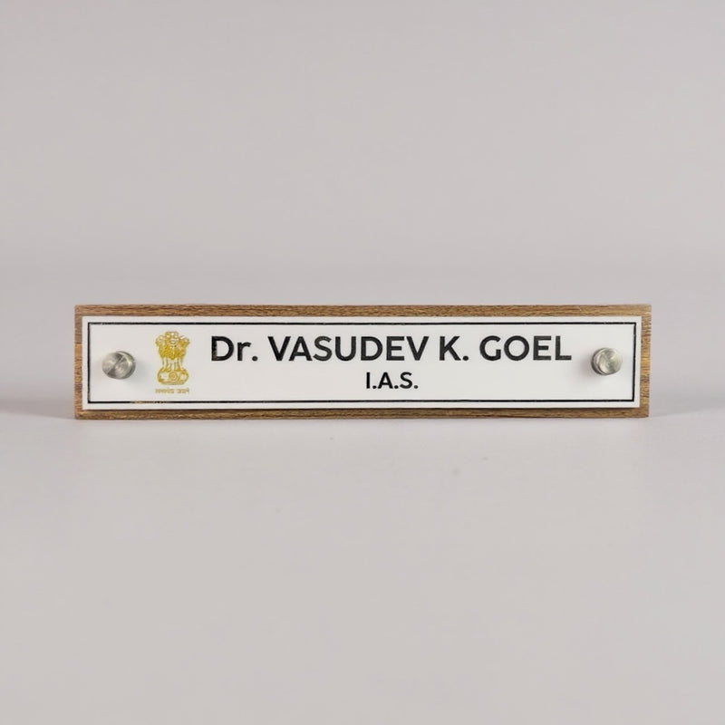 A clean, professional Desk nameplate Wooden ACP Base |  Dr. Vasudev Goel