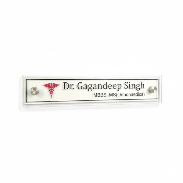 A clean, professional Desk nameplate White Base Acrylic | Dr. Gagandeep Singh