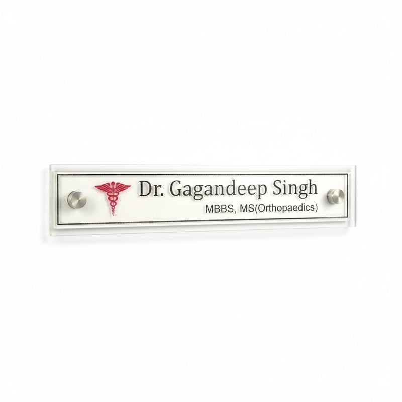 A clean, professional Desk nameplate White Base Acrylic | Dr. Gagandeep Singh