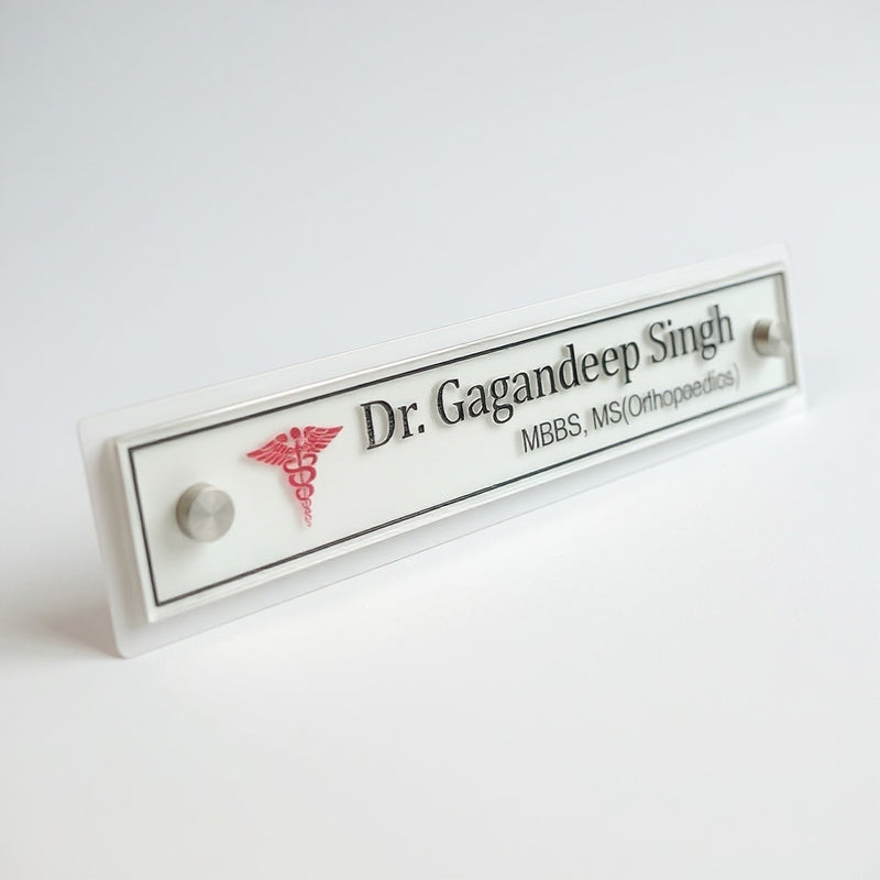 A clean, professional Desk nameplate White Base Acrylic | Dr. Gagandeep Singh