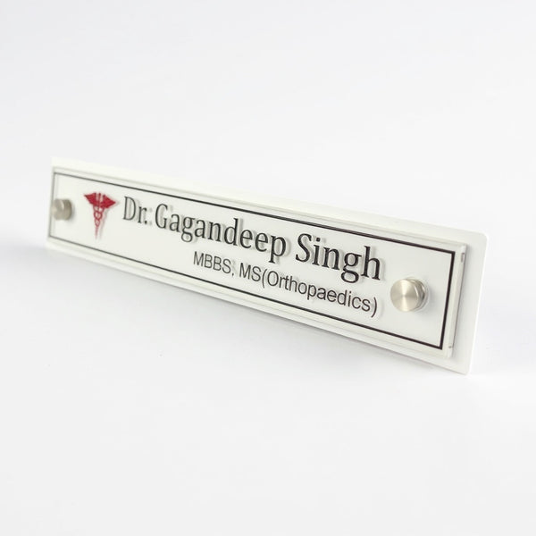 A clean, professional Desk nameplate White Base Acrylic | Dr. Gagandeep Singh