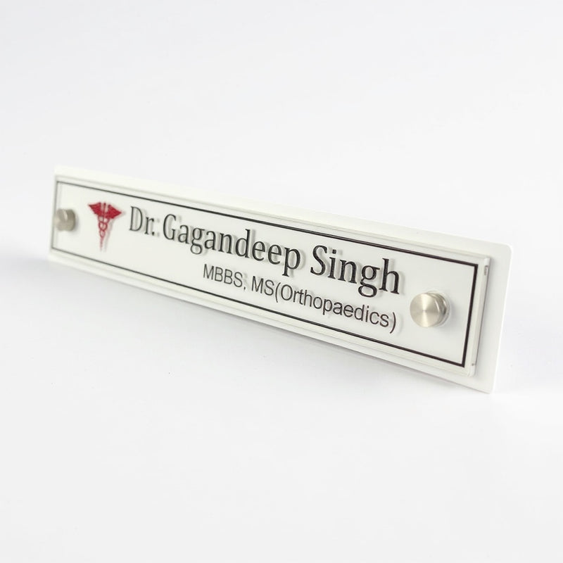 A clean, professional Desk nameplate White Base Acrylic | Dr. Gagandeep Singh