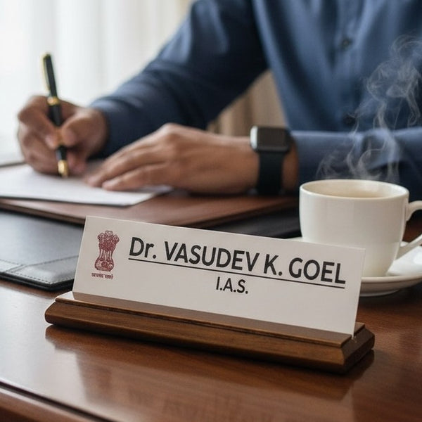 A premium desk nameplate featuring a polished wooden base with a sleek acrylic | Dr. Vasudev Goel