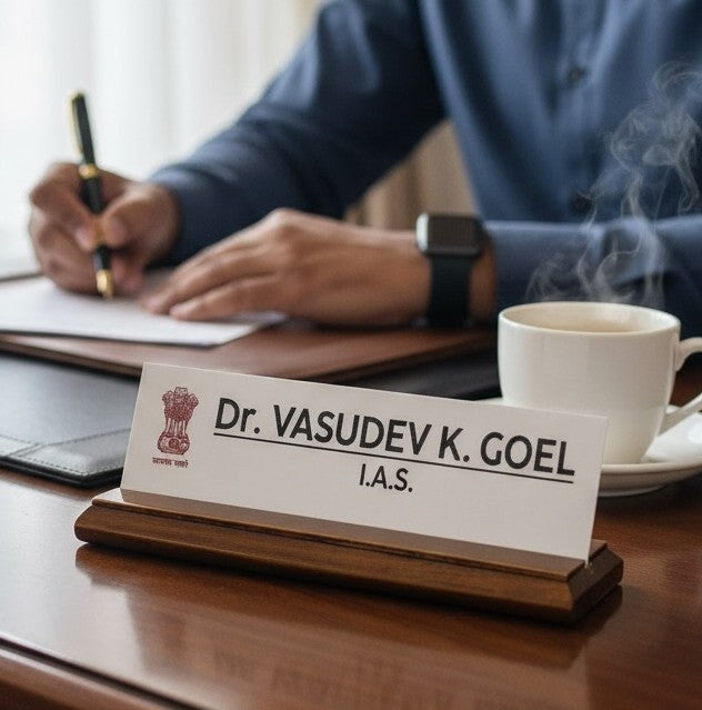 A premium desk nameplate featuring a polished wooden base with a sleek acrylic | Dr. Vasudev Goel