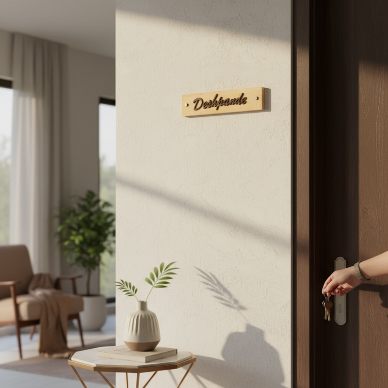 Designer Deshpande Wooden Name Plate | Natural Wood Finish