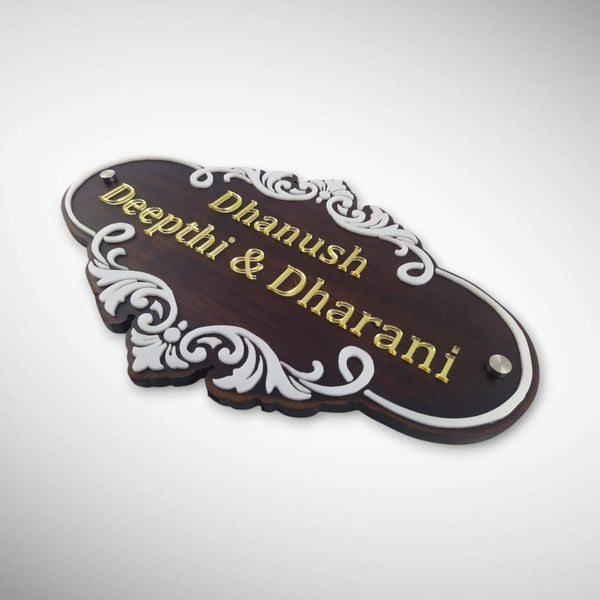 Intricate White Scrollover Design Wooden Nameplate