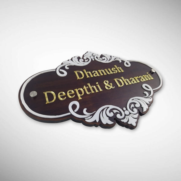 Intricate White Scrollover Design Wooden Nameplate
