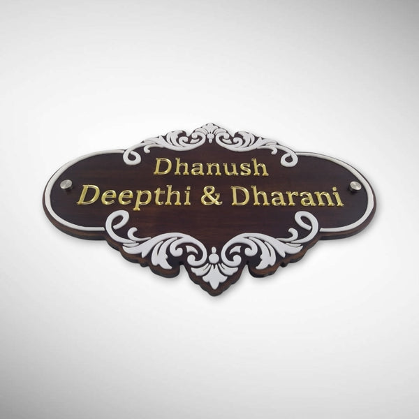 Intricate White Scrollover Design Wooden Nameplate