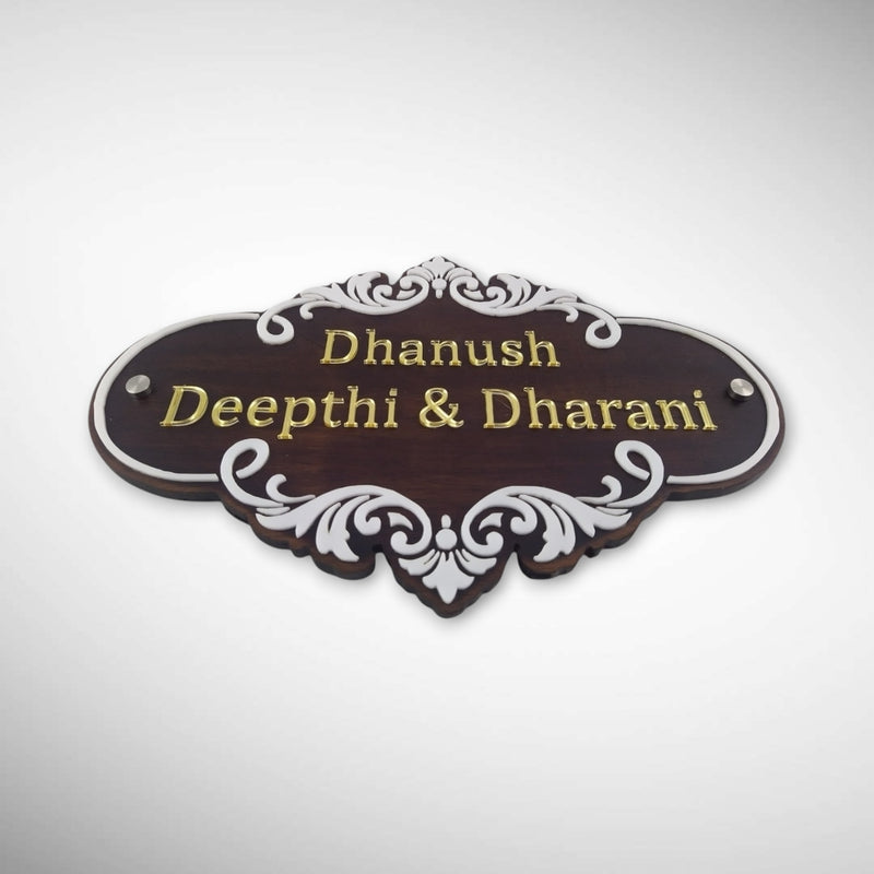 Intricate White Scrollover Design Wooden Nameplate