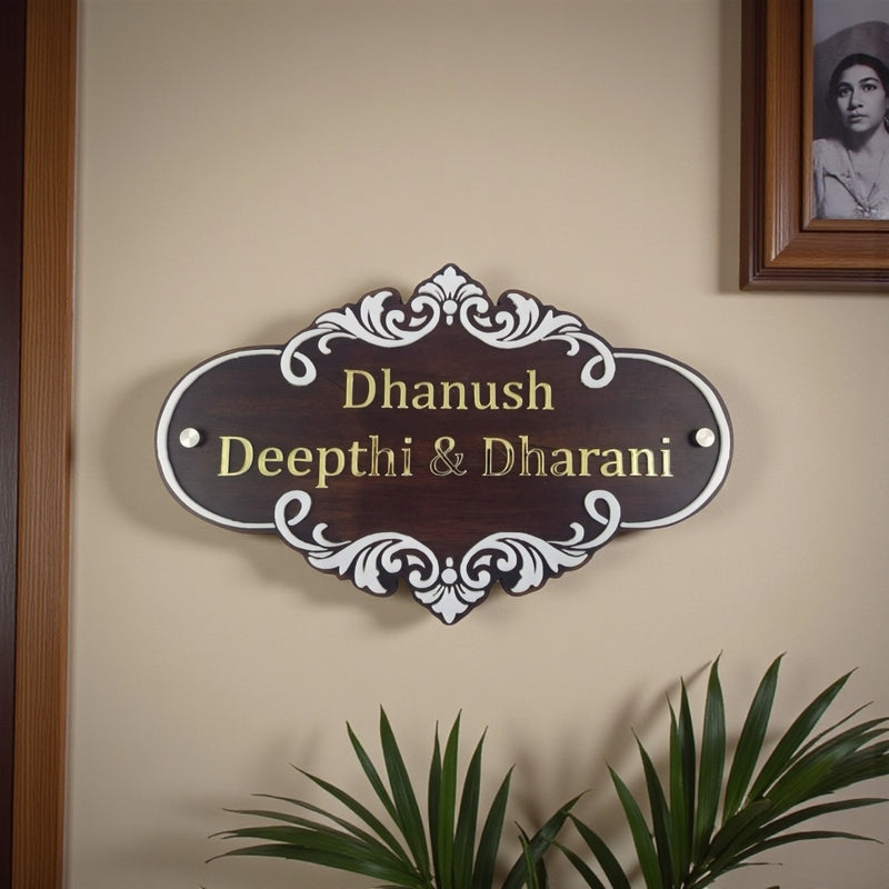 Intricate White Scrollover Design Wooden Nameplate