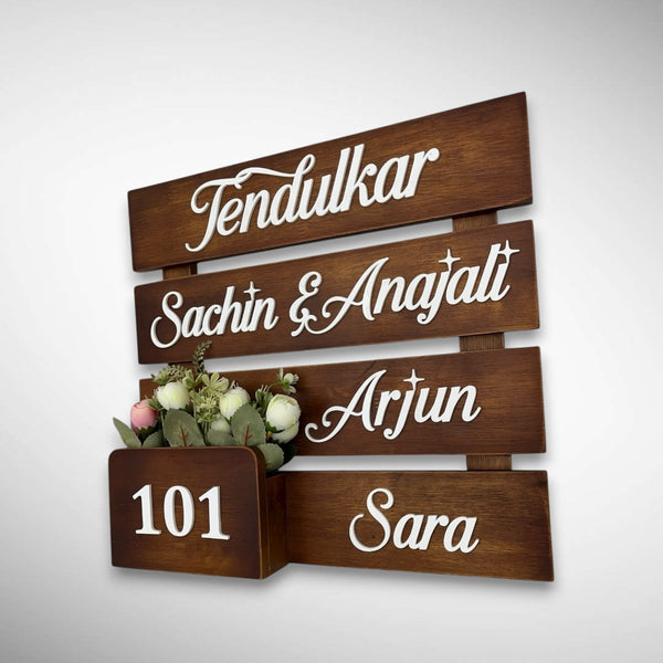 Multi pieces Square Wooden Nameplate with Floral Planter