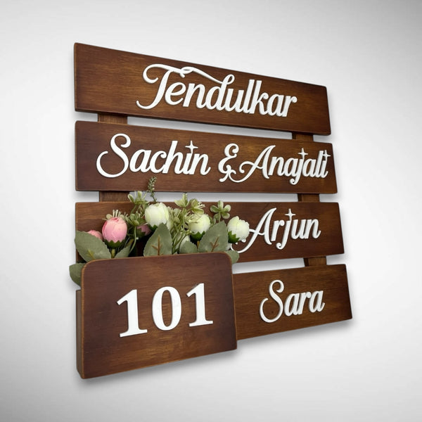 Multi pieces Square Wooden Nameplate with Floral Planter