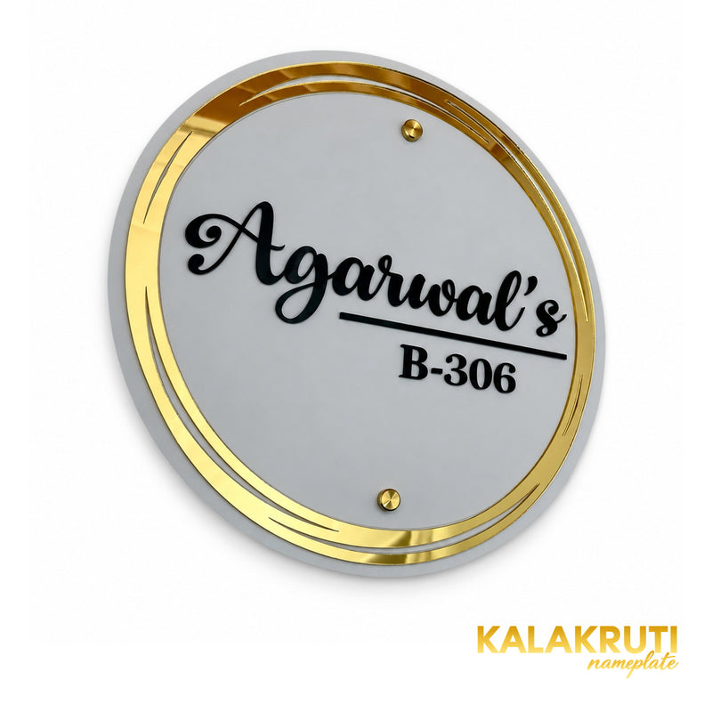 KKAA0002 Agarwal’s silver-grey and gold acrylic nameplate B-306 — right angle