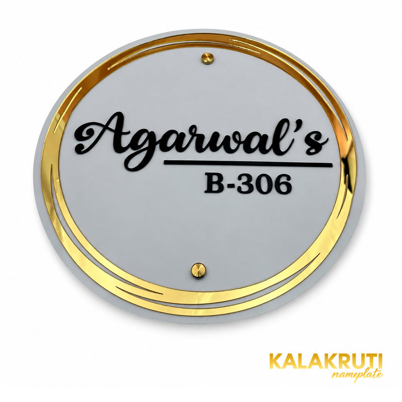 KKAA0002 Agarwal’s silver-grey and gold acrylic nameplate B-306 — elevated angle