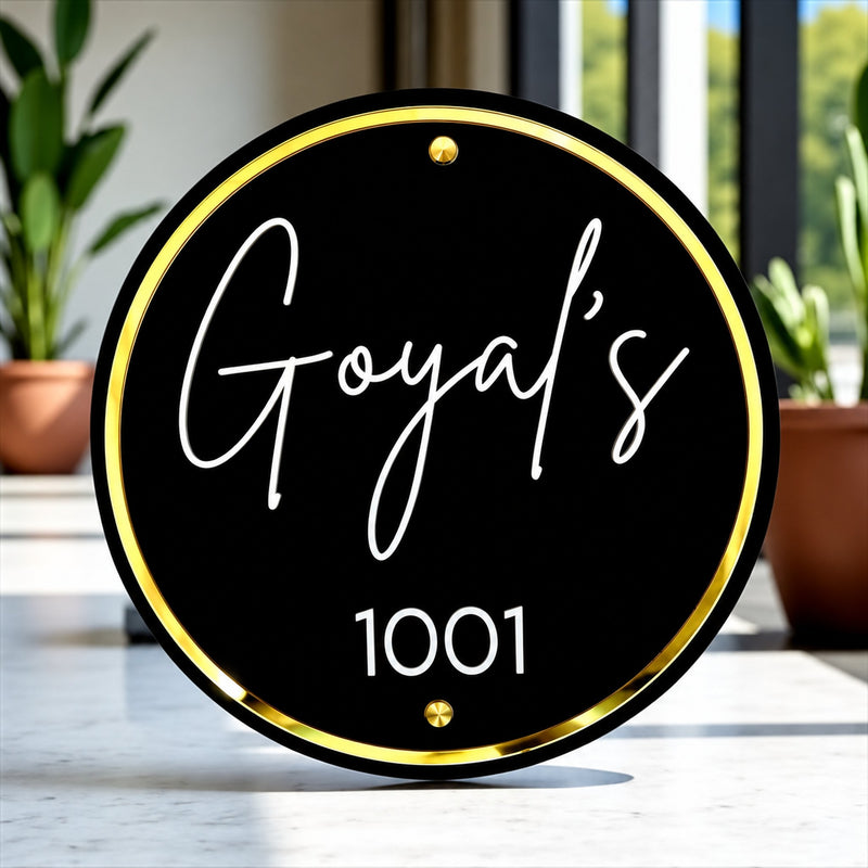 KKAA0008 Goyal's 1001 black acrylic nameplate with gold border — lifestyle hero