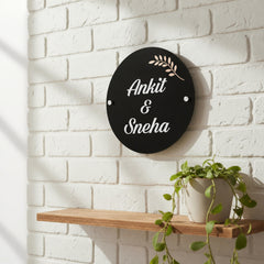 KKAA0009 Ankit & Sneha black acrylic nameplate — installed angle