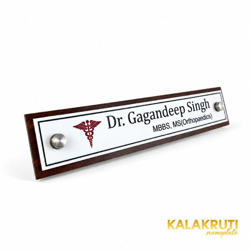 Dr. Neharika Goel desk nameplate, left angle
