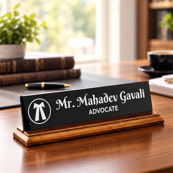 Mahadev Gavali desk nameplate on a wooden office table